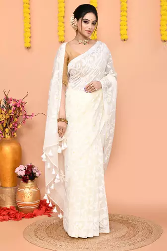 off white cotton blend jamdani saree
