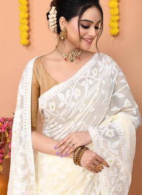 off white cotton blend jamdani saree 4