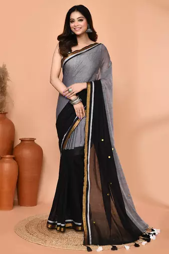 black sequin handloom cotton blend saree without blouse