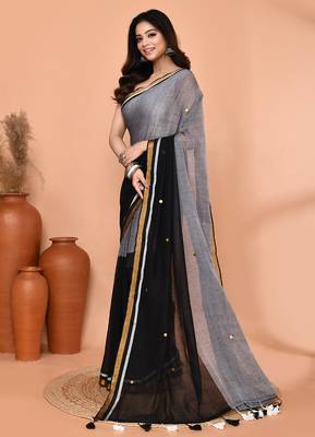 black sequin handloom cotton blend saree without blouse 3