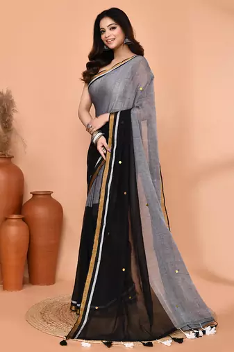 black sequin handloom cotton blend saree without blouse
