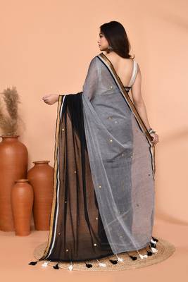 black sequin handloom cotton blend saree without blouse 4