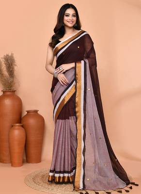 brown sequin handloom cotton blend saree without blouse 1