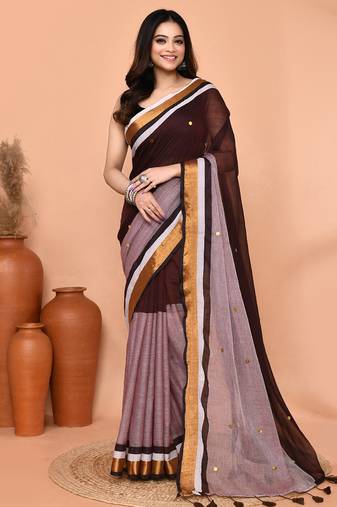 brown sequin handloom cotton blend saree without blouse