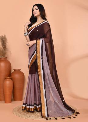 brown sequin handloom cotton blend saree without blouse 2