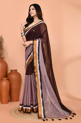 brown sequin handloom cotton blend saree without blouse
