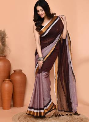 brown sequin handloom cotton blend saree without blouse 3