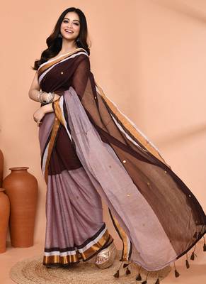 brown sequin handloom cotton blend saree without blouse 4