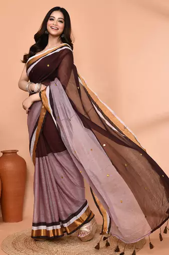 brown sequin handloom cotton blend saree without blouse