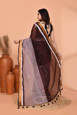brown sequin handloom cotton blend saree without blouse 5