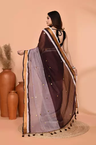 brown sequin handloom cotton blend saree without blouse