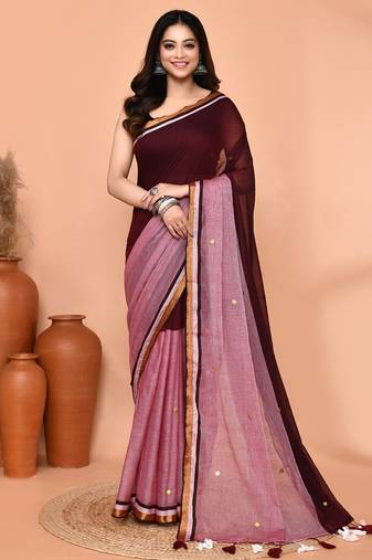 maroon sequin handloom cotton blend saree without blouse