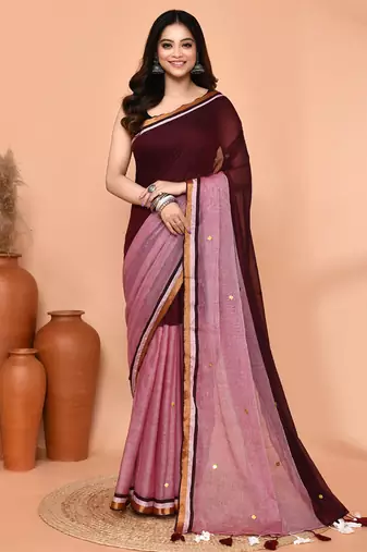 maroon sequin handloom cotton blend saree without blouse