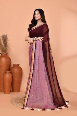 maroon sequin handloom cotton blend saree without blouse 2