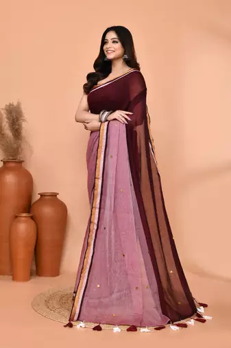 maroon sequin handloom cotton blend saree without blouse