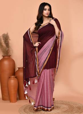 maroon sequin handloom cotton blend saree without blouse 3