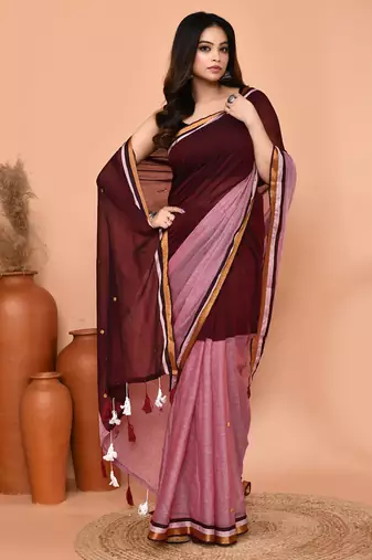 maroon sequin handloom cotton blend saree without blouse
