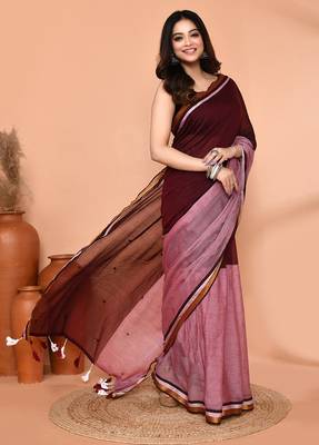 maroon sequin handloom cotton blend saree without blouse 4