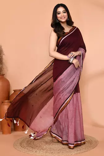 maroon sequin handloom cotton blend saree without blouse