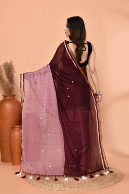 maroon sequin handloom cotton blend saree without blouse 5