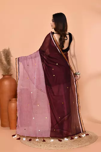 maroon sequin handloom cotton blend saree without blouse