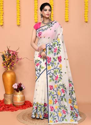 traditional off white soft cotton silk jamdani saree with running blouse piece 1