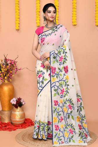 traditional off white soft cotton silk jamdani saree with running blouse piece