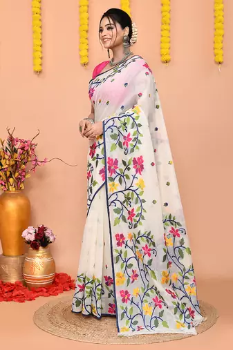 traditional off white soft cotton silk jamdani saree with running blouse piece