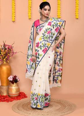 traditional off white soft cotton silk jamdani saree with running blouse piece 3