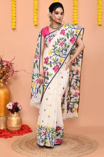 traditional off white soft cotton silk jamdani saree with running blouse piece