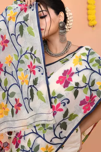 traditional off white soft cotton silk jamdani saree with running blouse piece