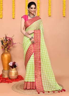 lemon white check handloom cotton blend saree with running blouse piece  1