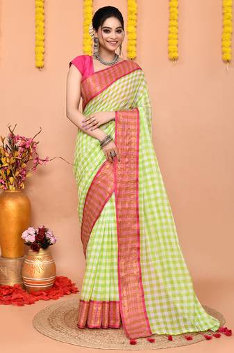 lemon white check handloom cotton blend saree with running blouse piece 