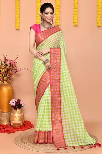 lemon white check handloom cotton blend saree with running blouse piece 