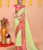 lemon white check handloom cotton blend saree with running blouse piece 