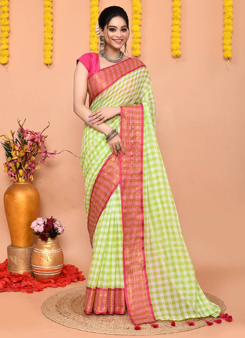 lemon white check handloom cotton blend saree with running blouse piece 
