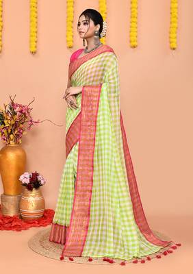 lemon white check handloom cotton blend saree with running blouse piece  2