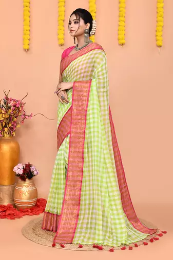 lemon white check handloom cotton blend saree with running blouse piece 