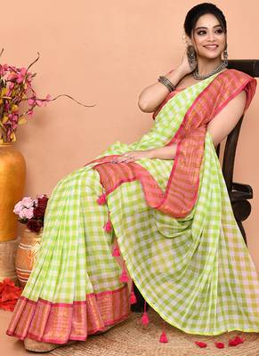 lemon white check handloom cotton blend saree with running blouse piece  3