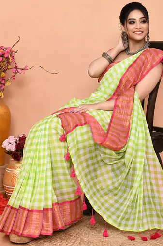 lemon white check handloom cotton blend saree with running blouse piece 