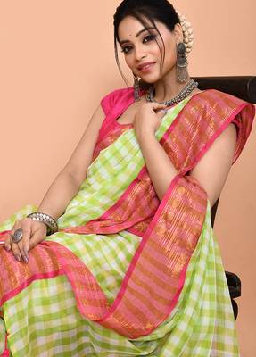 lemon white check handloom cotton blend saree with running blouse piece  4
