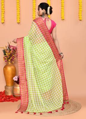 lemon white check handloom cotton blend saree with running blouse piece  5