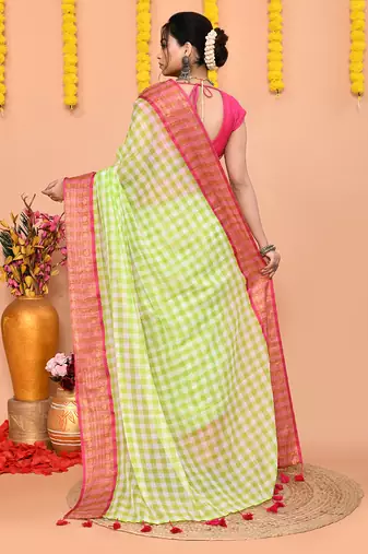 lemon white check handloom cotton blend saree with running blouse piece 