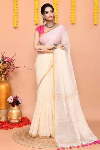 off white cotton blend zari check handloom saree with running blouse piece 