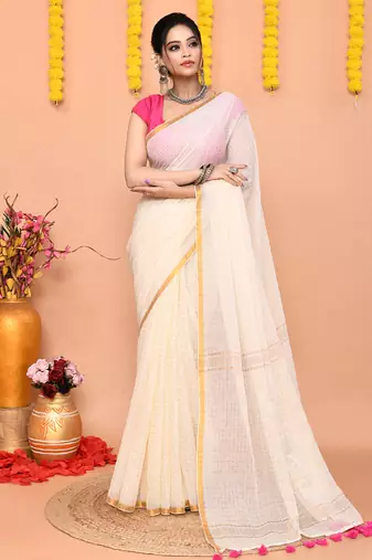 off white cotton blend zari check handloom saree with running blouse piece 