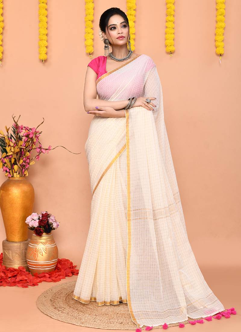 off white cotton blend zari check handloom saree with running blouse piece 