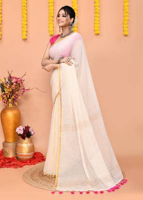 off white cotton blend zari check handloom saree with running blouse piece  2