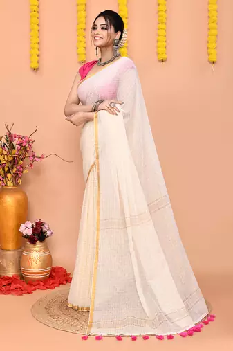off white cotton blend zari check handloom saree with running blouse piece 