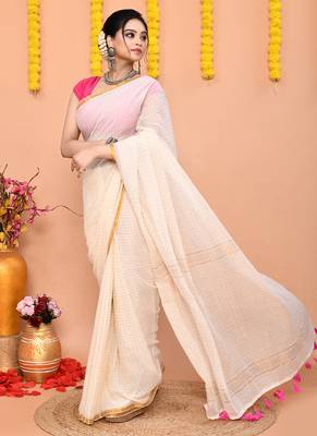 off white cotton blend zari check handloom saree with running blouse piece  3