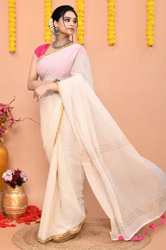 off white cotton blend zari check handloom saree with running blouse piece 